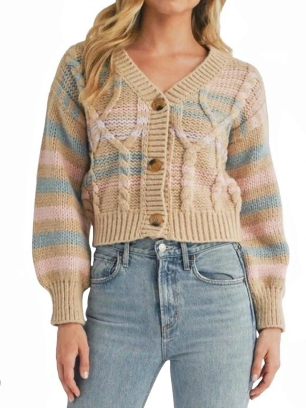Lush Striped Cropped Cardigan Brown & Pink Large - Picture 3 of 10